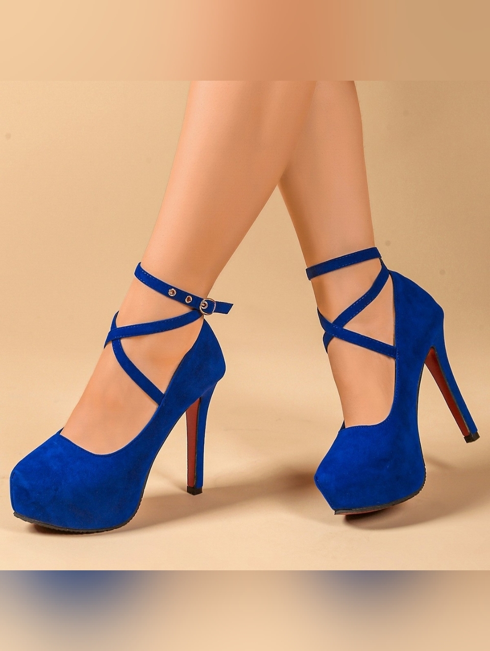 Elegant Blue Leather Suede Ankle-Strap High Heels